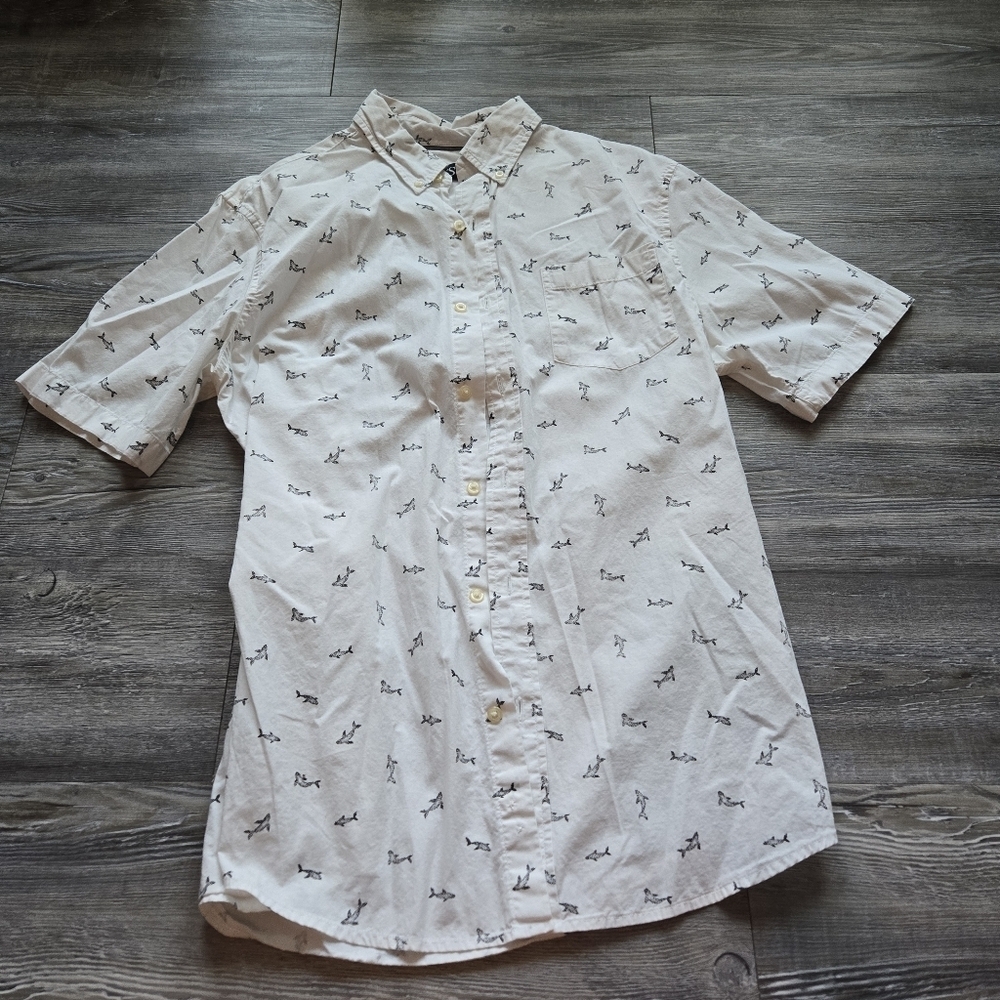 Men's White Patterned Short Sleeve Button Down Shirt